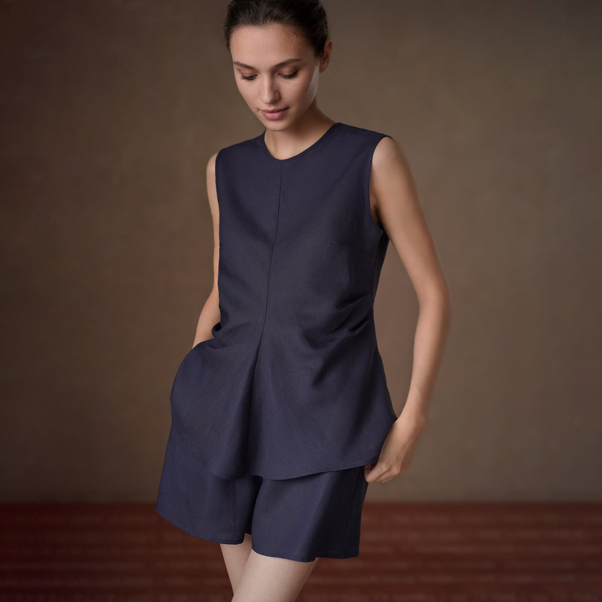 Lyocell-Linen Vest and Shorts Set, Blue, view 3