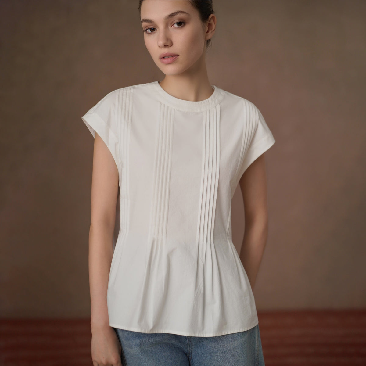 100% Cotton Tuck-Detail Blouse, White, view 3