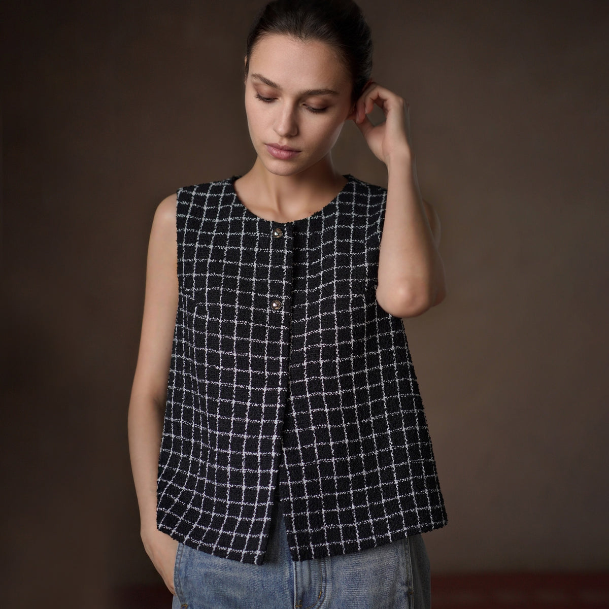 Contrast Check Tweed Vest, Black, view 2