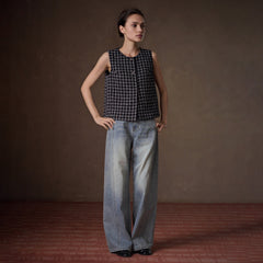 Contrast Check Tweed Vest, Black, view 4