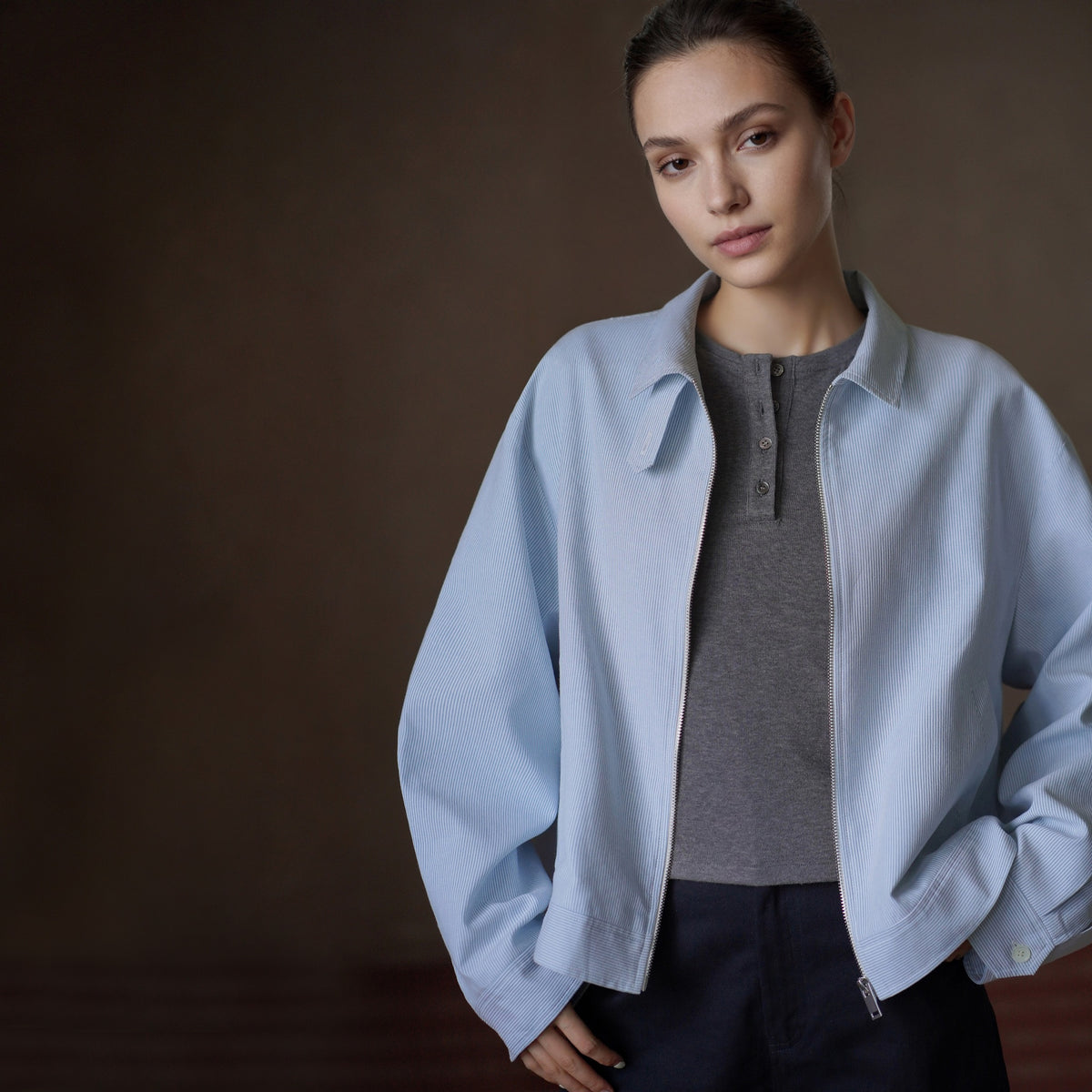 Striped Zip-Front Collar Jacket, Blue, view 3