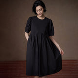 Puff-Sleeve Gathered-Waist Midi Dress - by chocpi