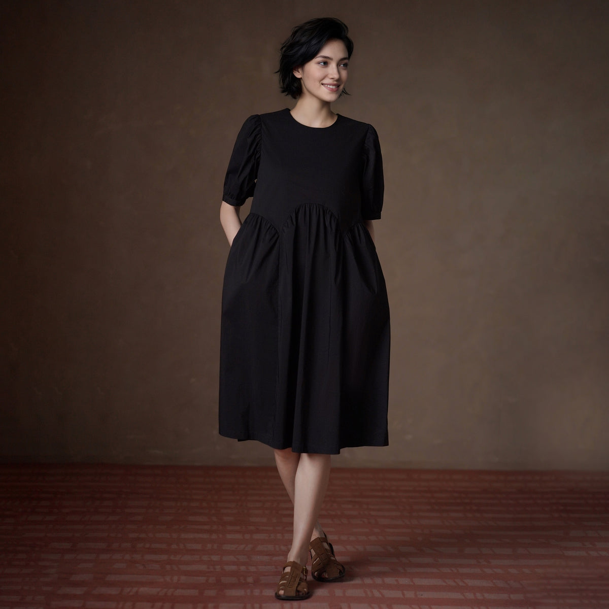 Puff-Sleeve Gathered-Waist Midi Dress - by chocpi