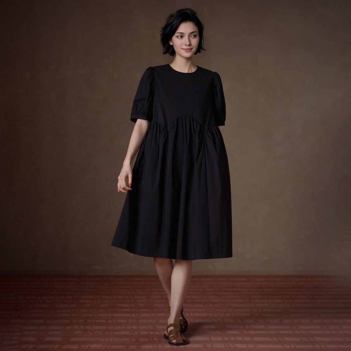 Puff-Sleeve Gathered-Waist Midi Dress - by chocpi