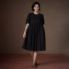 Puff-Sleeve Gathered-Waist Midi Dress - by chocpi
